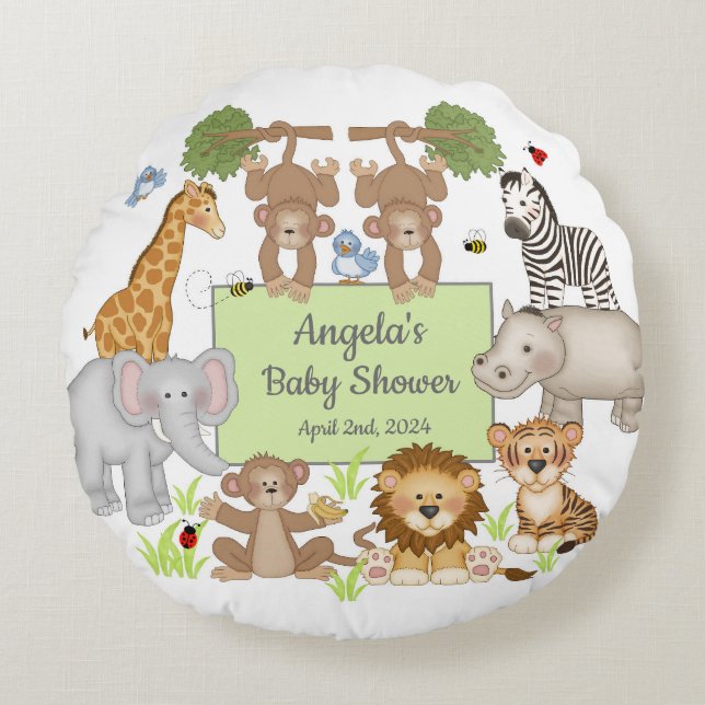 Safari Animals Baby Dusche Party Rundes Kissen (Vorderseite)