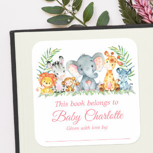 Safari Animals Baby Dusche Pink Buchzeichen Labels Quadratischer Aufkleber