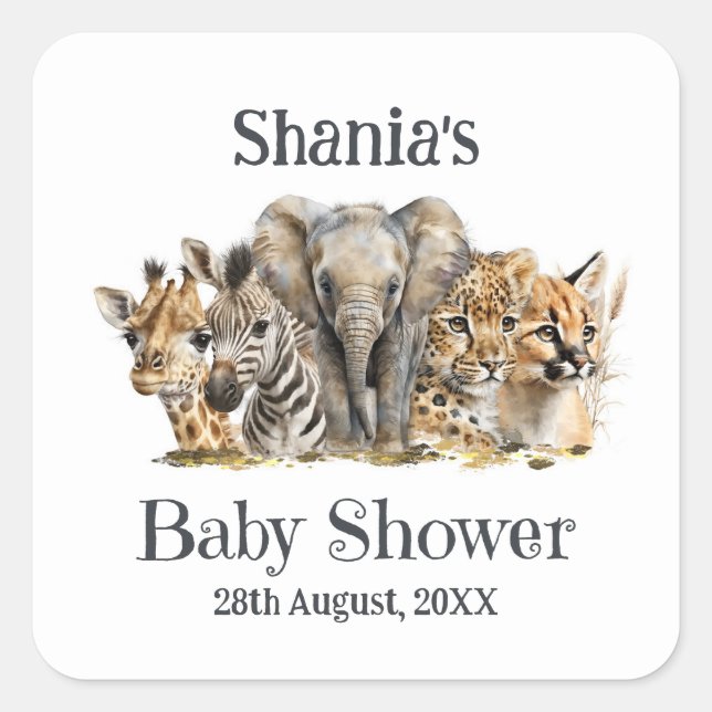 Safari Animals Baby Dusche Quadratischer Aufkleber (Vorderseite)