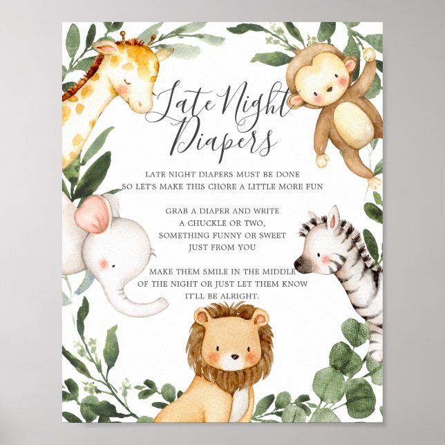 Safari Animals Baby-Dusche Spätnächtliche Windeln  Poster (Vorne)