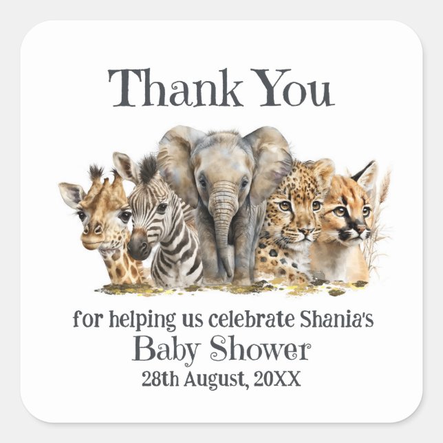 Safari Animals Baby Dusche Vielen Dank Quadratischer Aufkleber (Vorderseite)