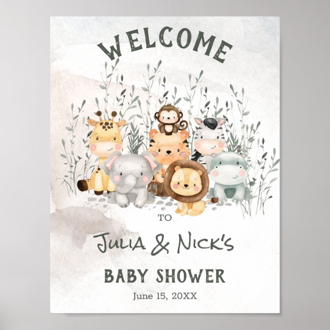 Safari Animals Baby Dusche Willkommenspender Poster (Vorne)