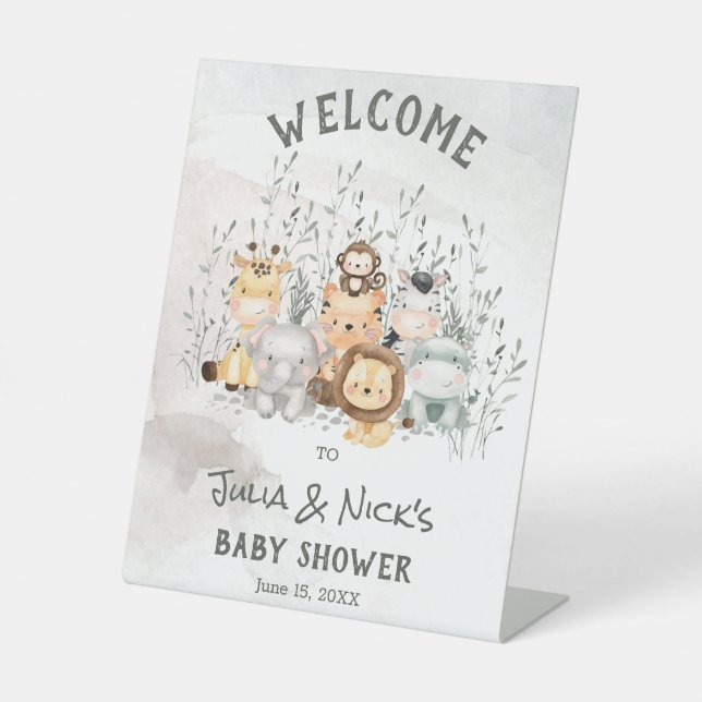 Safari Animals Baby Dusche Willkommensschild Sockelschild (Vorderseite)