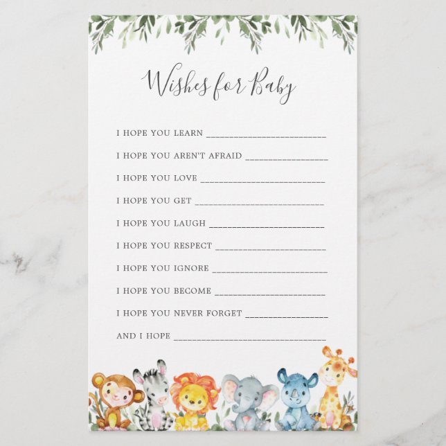 Safari Animals Baby Dusche Wünsche für Baby (Vorderseite)