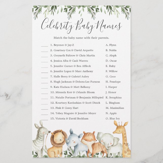 Safari Animals Baby Shower Celebrity Baby Names (Vorderseite)