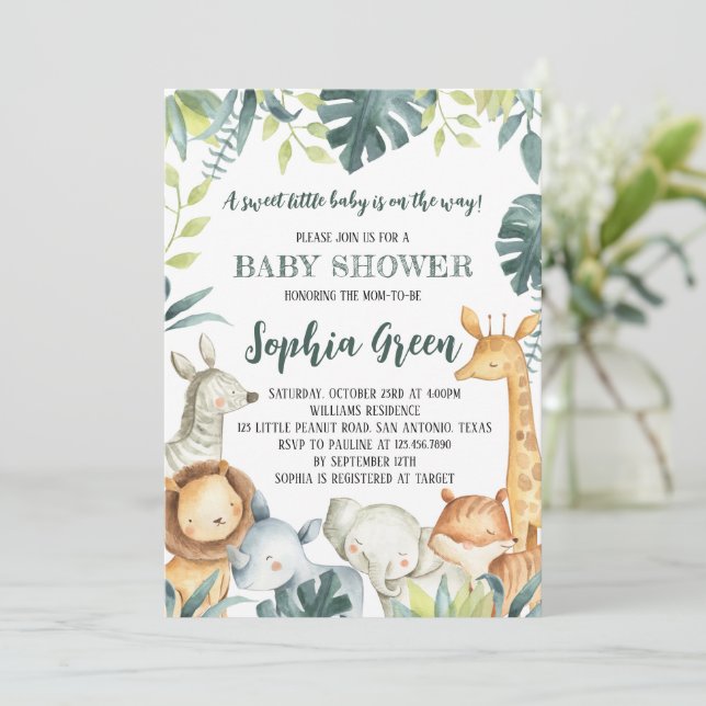 Safari Animals Baby Shower Einladung (Stehend Vorderseite)