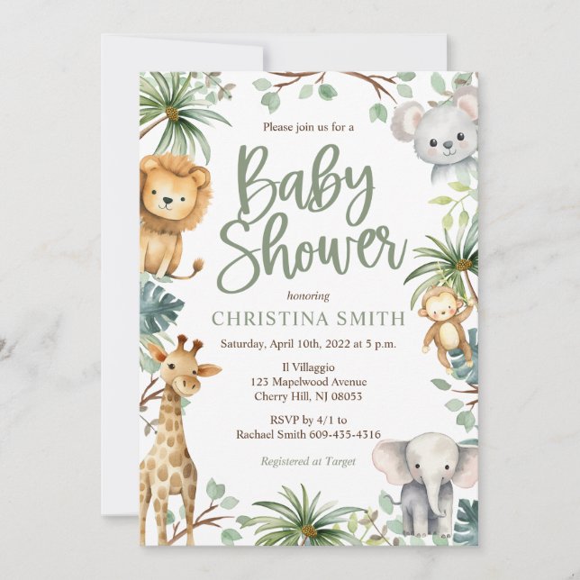 Safari Animals Baby Shower Einladungen (Vorderseite)