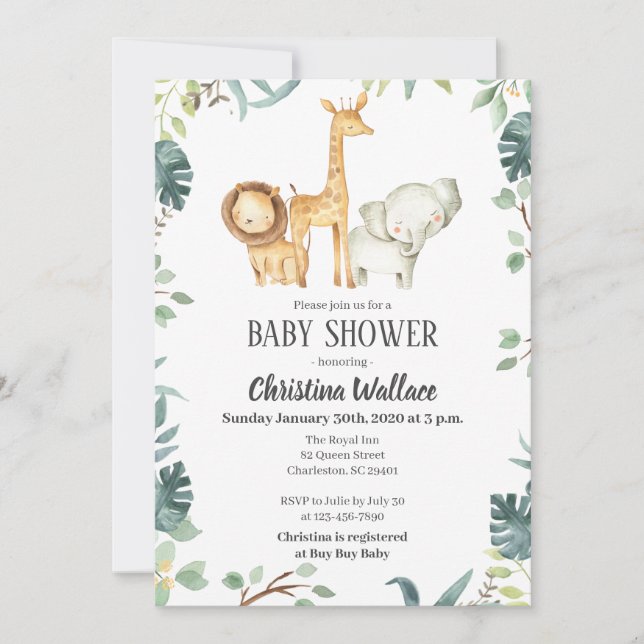 Safari Animals Baby Shower Einladungen (Vorderseite)