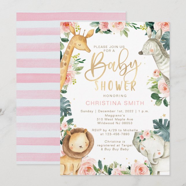 Safari Animals Baby Shower Einladungen für Mädchen (Vorne/Hinten)