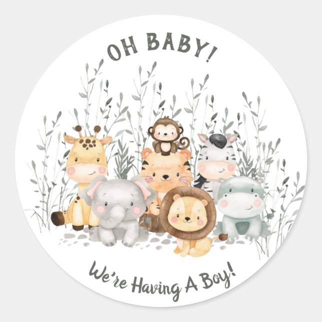 Safari Animals Baby Shower Gender Reveal Runder Aufkleber (Vorderseite)
