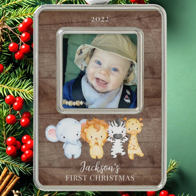 Safari Animals Baby's First Christmas Foto Christ Rahmen-Ornament Silber (Von Creator hochgeladen)