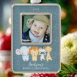 Safari Animals Baby's First Christmas Foto Rahmen-Ornament Silber<br><div class="desc">Unser niedlicher Dschungel kleiner Elefant,  Löwe,  Zebra & Giraffe Baby's First Christmas Foto Ornament ist leicht zu personalisieren mit Ihrem Babynamen und Foto.</div>