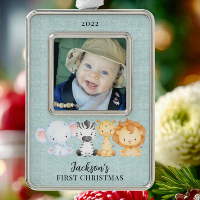 Safari Animals Baby's First Christmas Foto Rahmen-Ornament Silber (Von Creator hochgeladen)