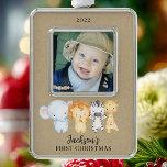 Safari Animals Baby's First Christmas Foto Rahmen-Ornament Silber<br><div class="desc">Unser niedlicher Dschungel kleiner Elefant,  Löwe,  Zebra & Giraffe Baby's First Christmas Foto Ornament ist leicht zu personalisieren mit Ihrem Babynamen und Foto.</div>