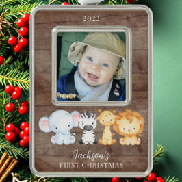 Safari Animals Baby's First Christmas Foto Rahmen-Ornament Silber