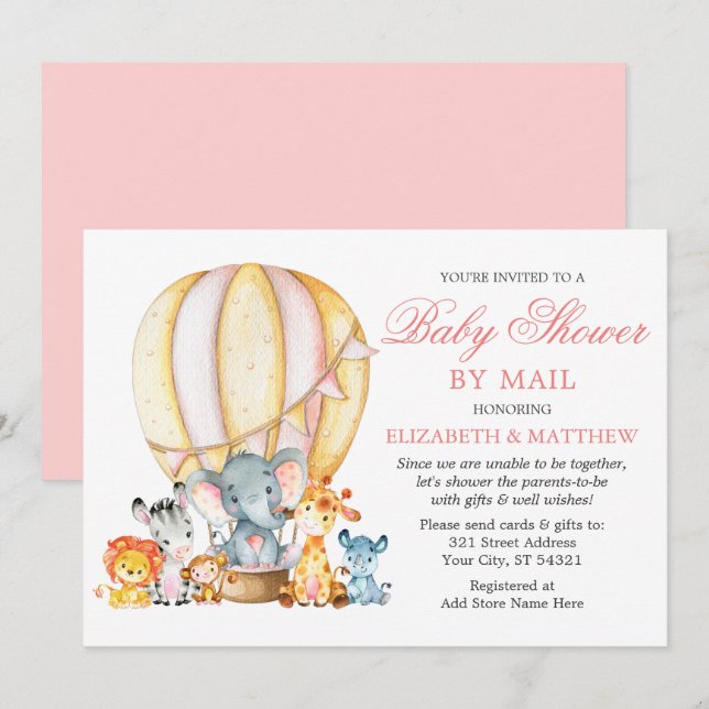 Safari Animals Balloon Pink Baby Dusche by Mail Einladung (Vorne/Hinten)