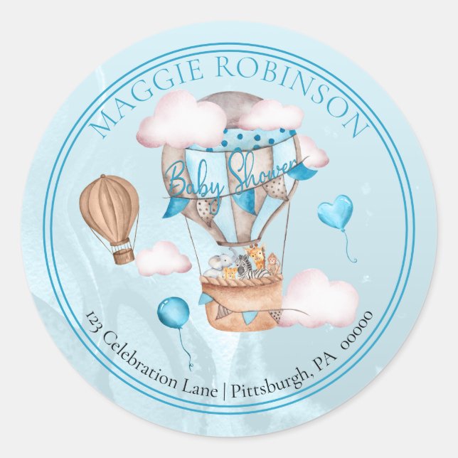 Safari Animals Balloons Baby Dusche Rücksendeadres Runder Aufkleber (Vorderseite)