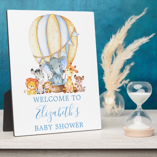 Safari Animals Blue Balloon Baby Dusche Willkommen Fotoplatte (Seite)
