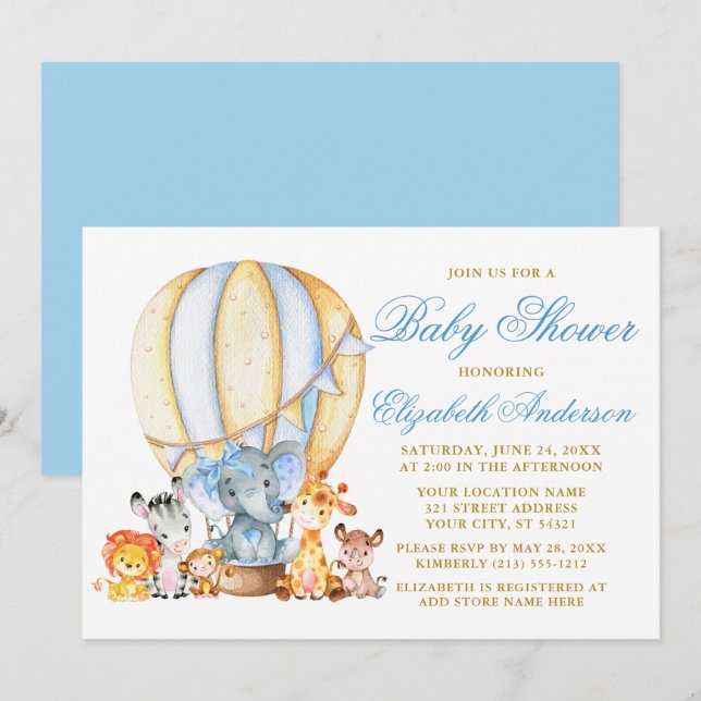 Safari Animals Blue Bow Air Balloon Baby Showroom Einladung (Vorne/Hinten)