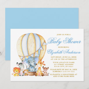 Safari Animals Blue Bow Air Balloon Baby Showroom Einladung