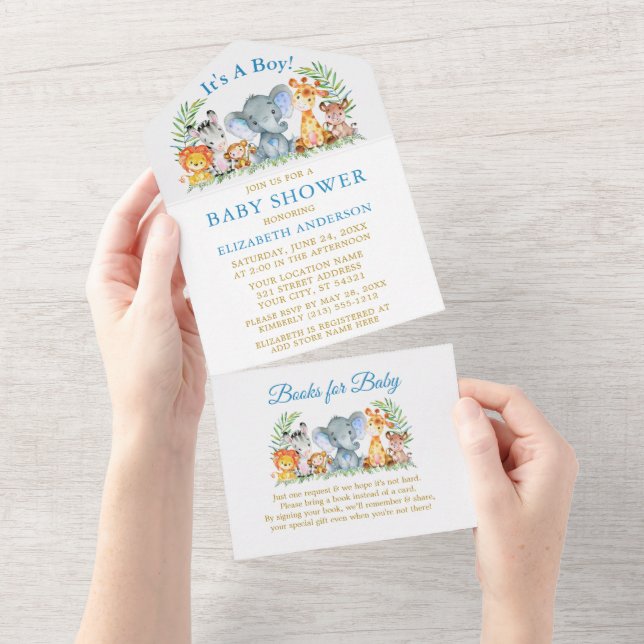 Safari Animals Blue Gold Baby Dusche und Bücher All In One Einladung (Abreißen)