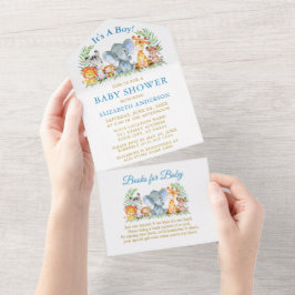 Safari Animals Blue Gold Baby Dusche und Bücher All In One Einladung