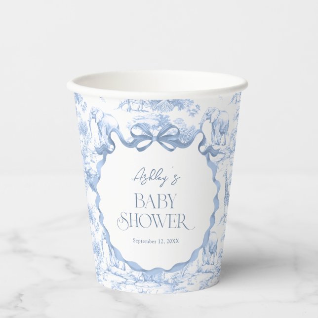 Safari Animals Blue Toile de Jouy Baby Dusche Pappbecher (Vorderseite)