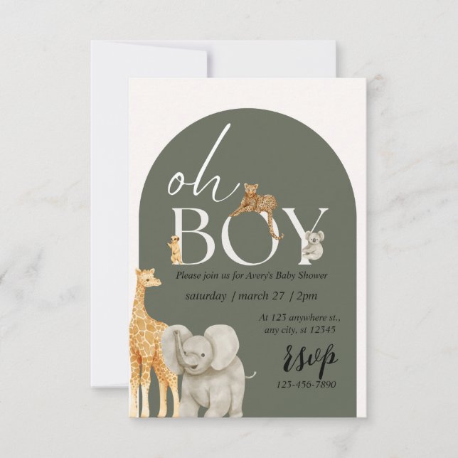 Safari Animals Boy Baby Shower Einladung Oh Junge (Vorderseite)