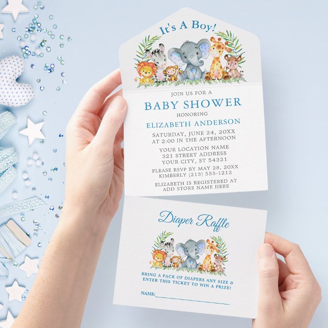 Safari Animals Boy Blue Baby Dusche und Raffle All In One Einladung (All In One Baby Shower Invitation with Diaper Raffle tear off card.)
