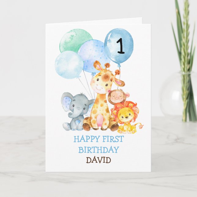 Safari Animals Boy Fist Geburtstag Niedlich 1. Geb Karte (Vorderseite)