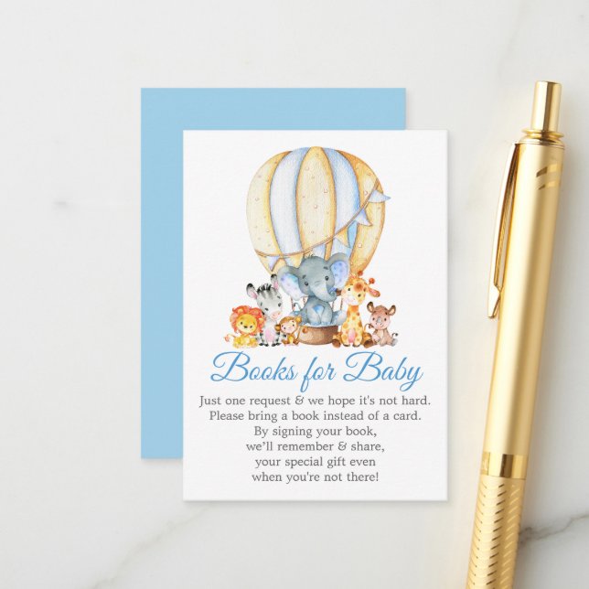 Safari Animals Bücher für Baby Blue Balloon Dusche Begleitkarte (Vorderseite/Rückseite Beispiel)