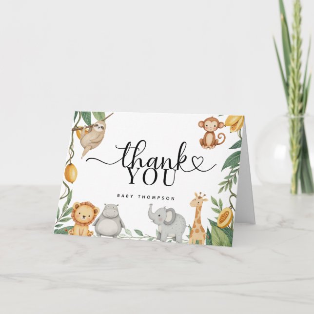 Safari Animals Calligraphy Baby Shower Dankeskarte (Vorderseite)