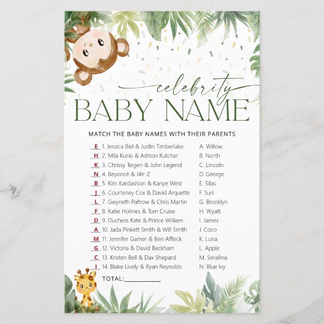 Safari Animals Celebrity Baby Name Game Card (Vorderseite)