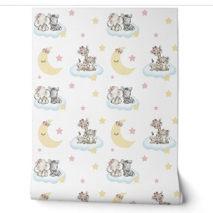 Safari Animals Clouds Stars Moon Baby Girl Kinderz Tapete