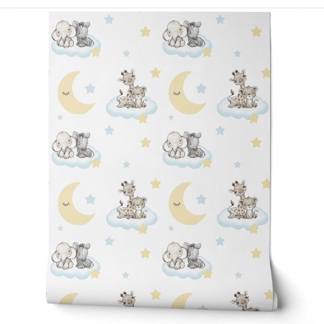 Safari Animals Clouds Stars Moon Baby Kinderzimmer Tapete (Abrollen)