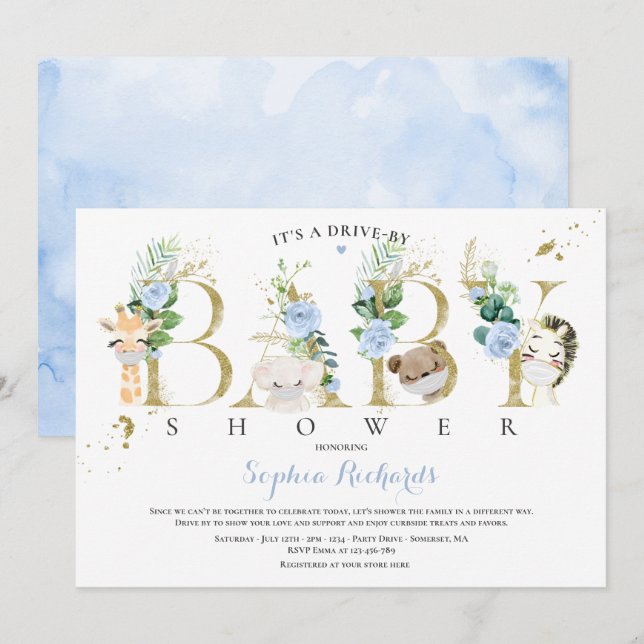 Safari Animals Drive by Baby Shower Green Blue Einladung (Vorne/Hinten)