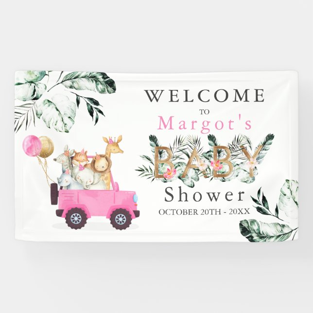 Safari Animals Drive by Baby Shower Green Gold Banner (Horizontal)