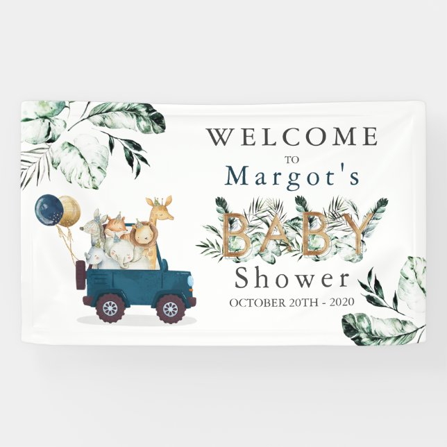 Safari Animals Drive by Baby Shower Green Gold Banner (Horizontal)