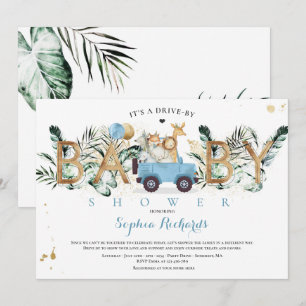 Safari Animals Drive by Baby Shower Green Gold Einladung