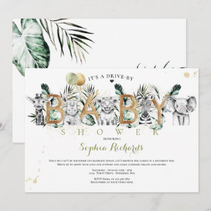 Safari Animals Drive by Baby Shower Green Gold Einladung