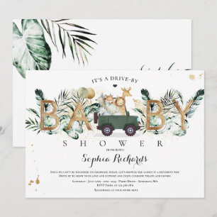 Safari Animals Drive by Baby Shower Green Gold Einladung