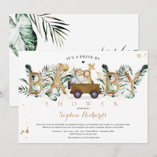 Safari Animals Drive by Baby Shower Green Gold Einladung