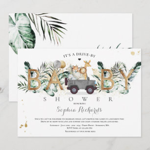Safari Animals Drive by Baby Shower Green Gold Einladung