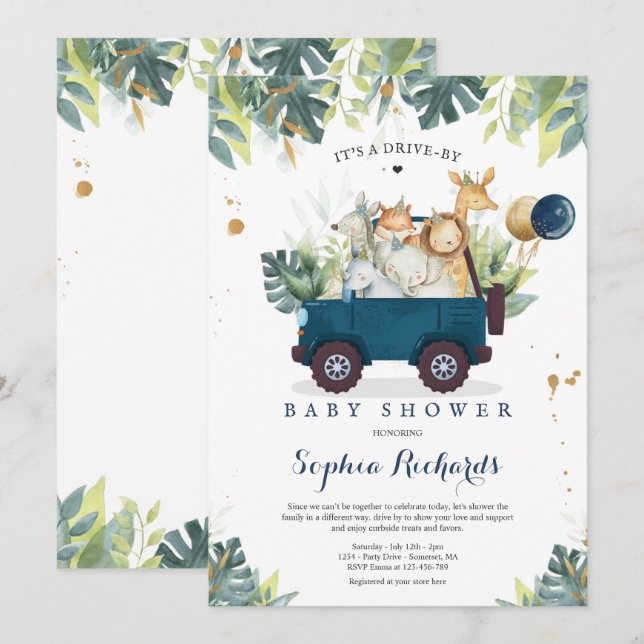 Safari Animals Drive by Baby Shower Green Gold Einladung (Vorne/Hinten)