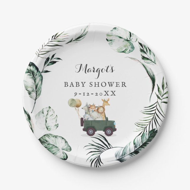 Safari Animals Drive by Baby Shower Green Gold Pappteller (Vorderseite)