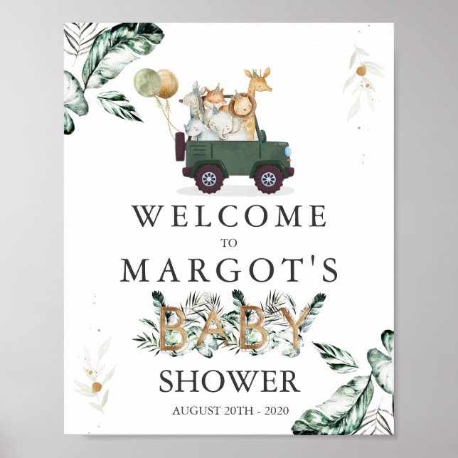 Safari Animals Drive by Baby Shower Green Poster (Vorne)