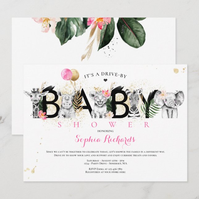 Safari Animals Drive by Baby Shower Greenerity Gol Einladung (Vorne/Hinten)