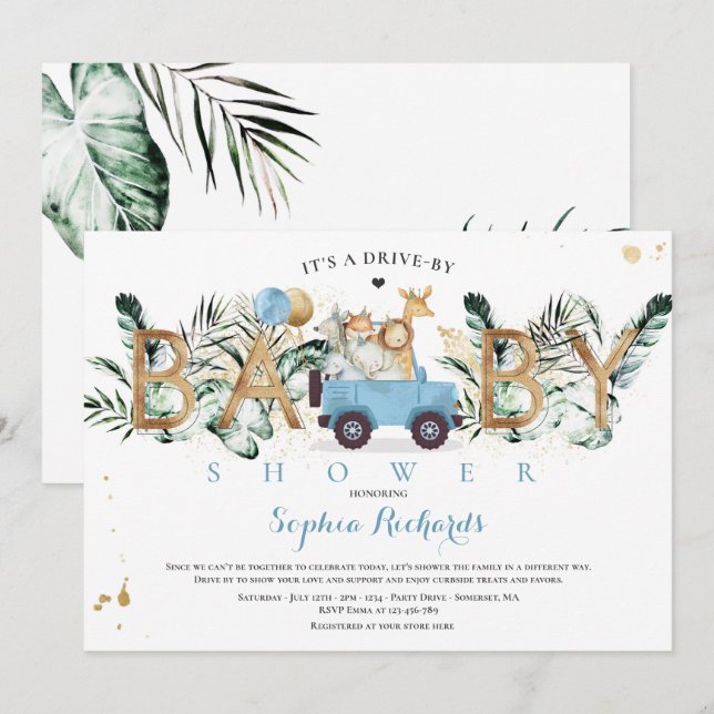 Safari Animals Drive by Baby Shower Greenerity Gol Einladung (Vorne/Hinten)