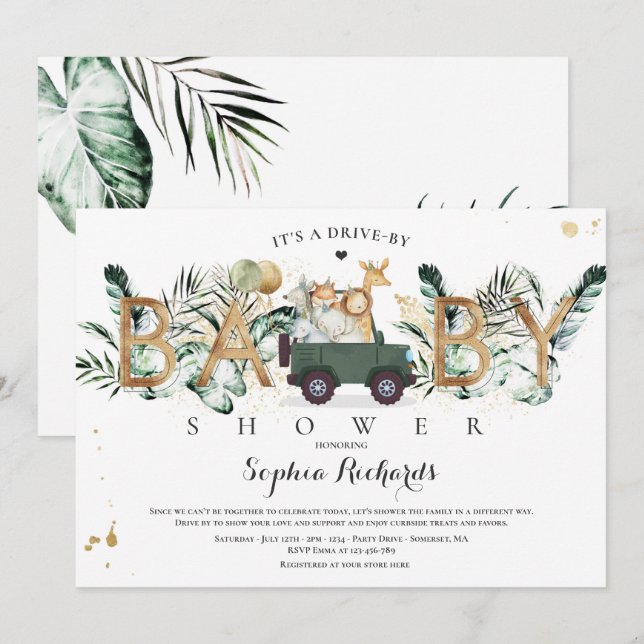 Safari Animals Drive by Baby Shower Greenerity Gol Einladung (Vorne/Hinten)