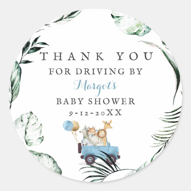 Safari Animals Drive by Baby Shower Greenerity Gol Runder Aufkleber (Vorderseite)
